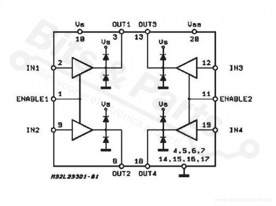 IC L293D 4-kanaals driver voor motoren (H-brug)